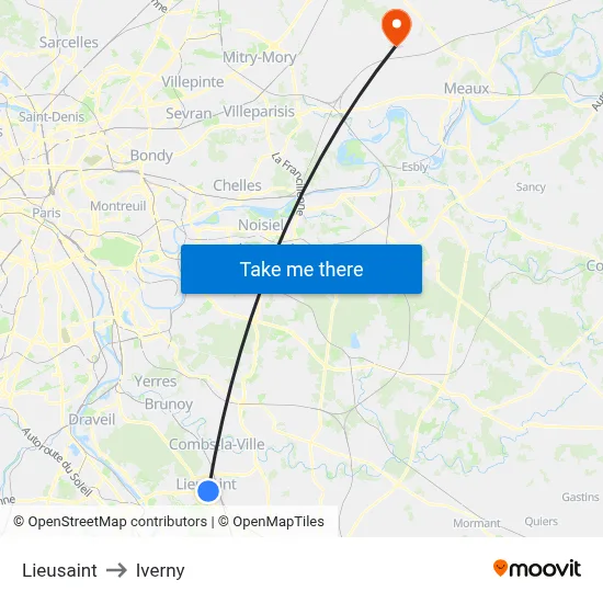 Lieusaint to Iverny map