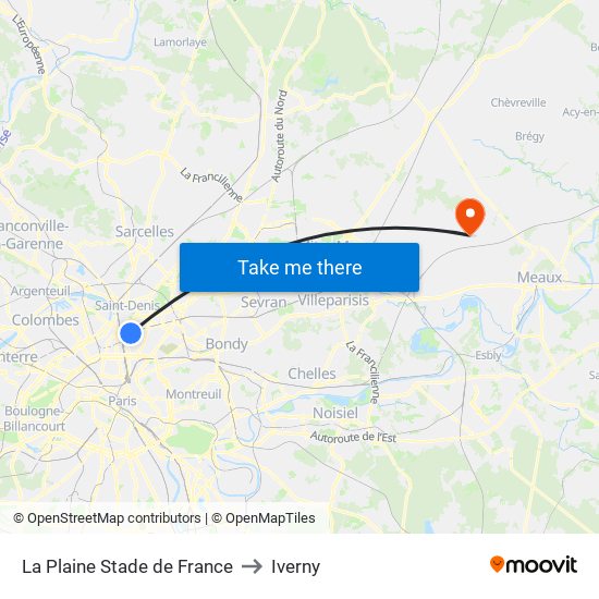 La Plaine Stade de France to Iverny map