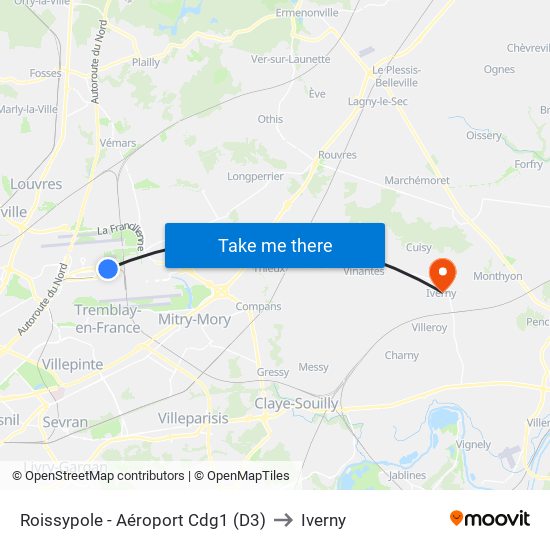 Roissypole - Aéroport Cdg1 (D3) to Iverny map