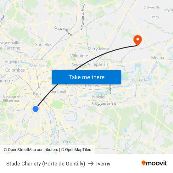 Stade Charléty (Porte de Gentilly) to Iverny map