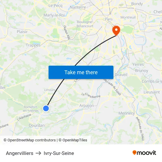 Angervilliers to Ivry-Sur-Seine map