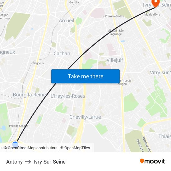 Antony to Ivry-Sur-Seine map