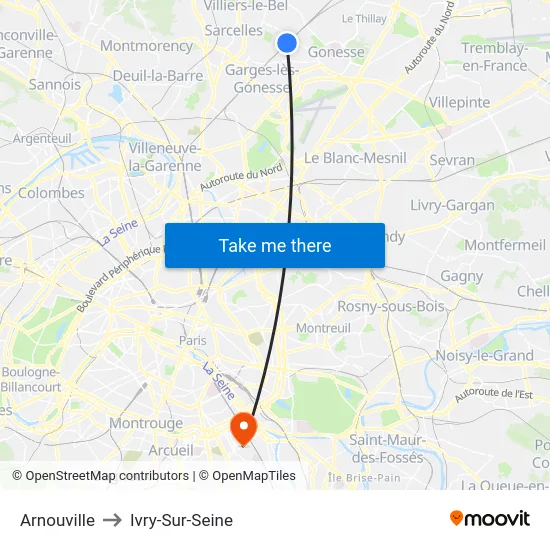 Arnouville to Ivry-Sur-Seine map