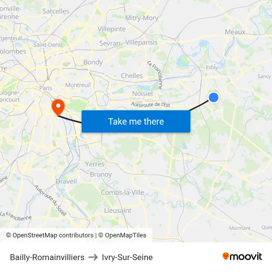 Bailly-Romainvilliers to Ivry-Sur-Seine map