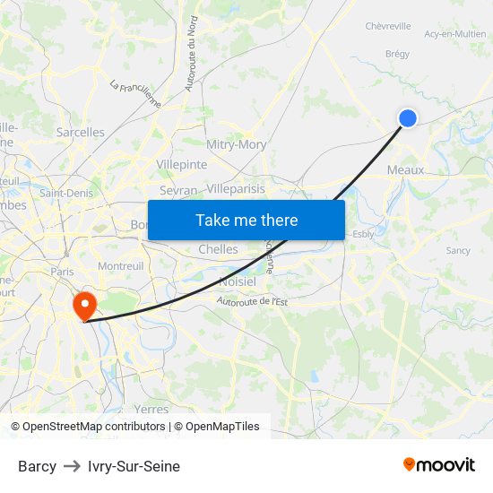 Barcy to Ivry-Sur-Seine map