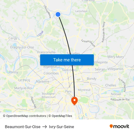 Beaumont-Sur-Oise to Ivry-Sur-Seine map