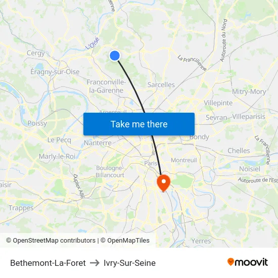 Bethemont-La-Foret to Ivry-Sur-Seine map