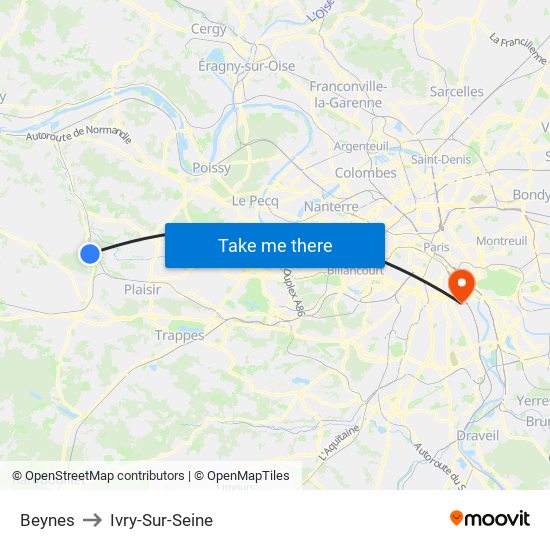 Beynes to Ivry-Sur-Seine map