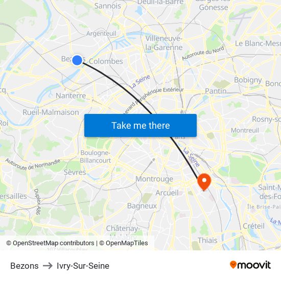 Bezons to Ivry-Sur-Seine map