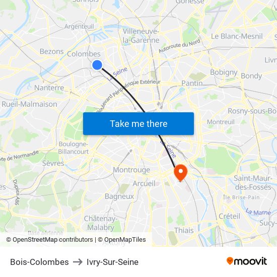 Bois-Colombes to Ivry-Sur-Seine map