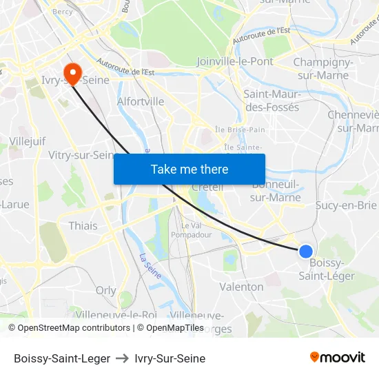 Boissy-Saint-Leger to Ivry-Sur-Seine map
