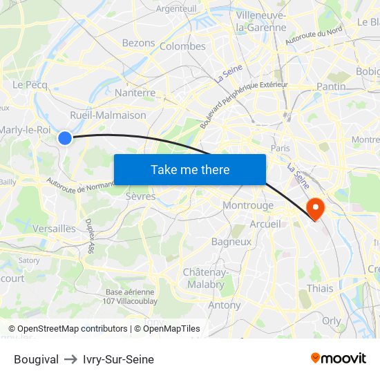 Bougival to Ivry-Sur-Seine map
