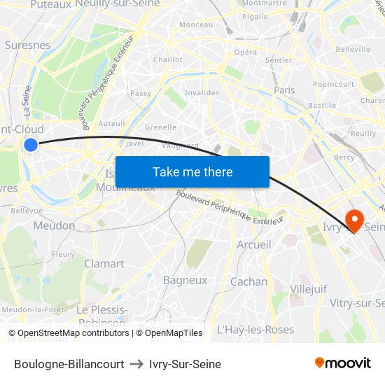 Boulogne-Billancourt to Ivry-Sur-Seine map