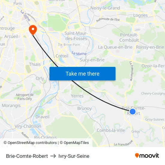 Brie-Comte-Robert to Ivry-Sur-Seine map