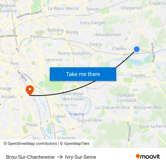Brou-Sur-Chantereine to Ivry-Sur-Seine map