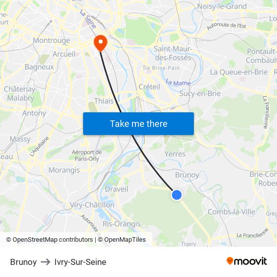 Brunoy to Ivry-Sur-Seine map