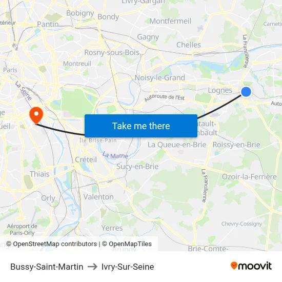 Bussy-Saint-Martin to Ivry-Sur-Seine map