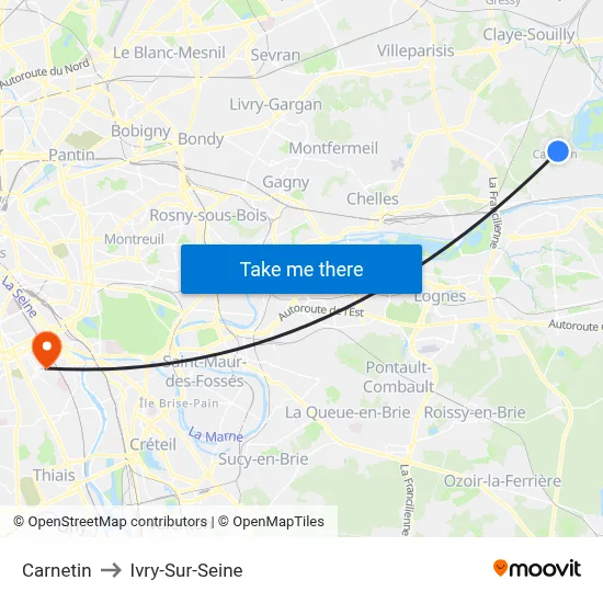 Carnetin to Ivry-Sur-Seine map