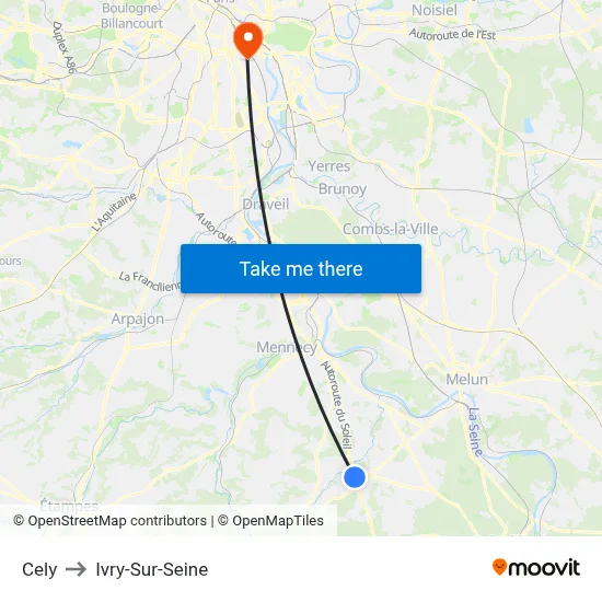 Cely to Ivry-Sur-Seine map