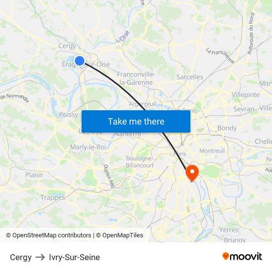 Cergy to Ivry-Sur-Seine map