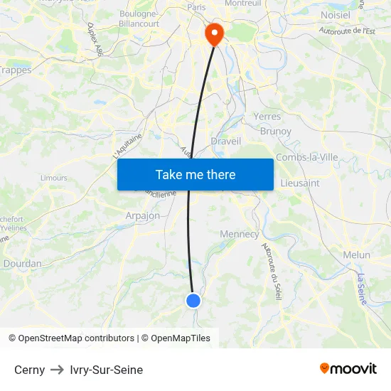 Cerny to Ivry-Sur-Seine map