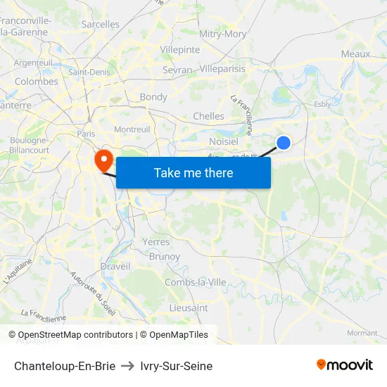 Chanteloup-En-Brie to Ivry-Sur-Seine map