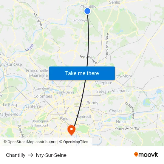 Chantilly to Ivry-Sur-Seine map