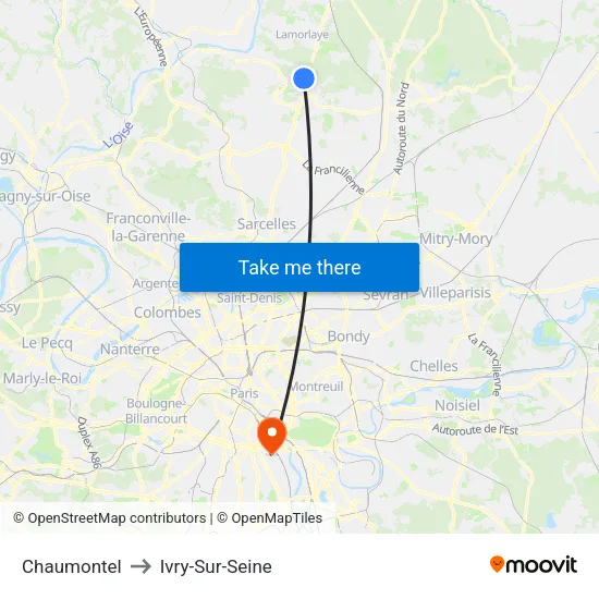 Chaumontel to Ivry-Sur-Seine map