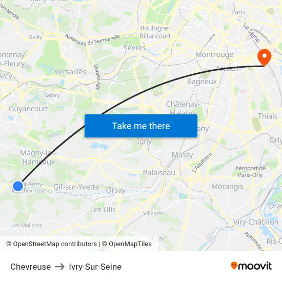Chevreuse to Ivry-Sur-Seine map