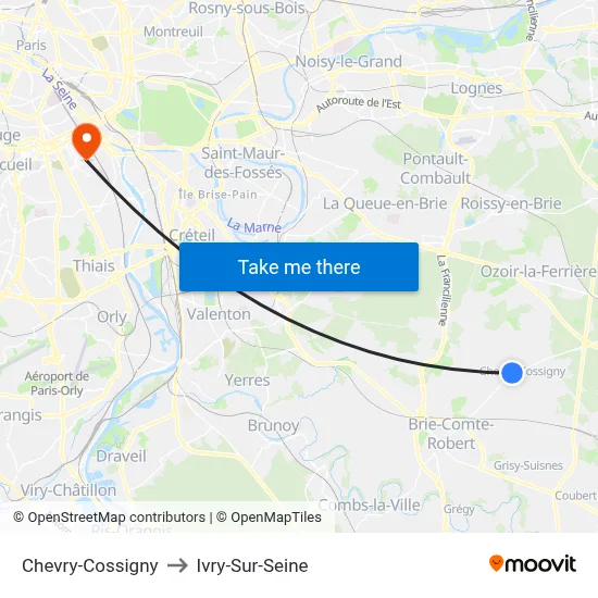 Chevry-Cossigny to Ivry-Sur-Seine map