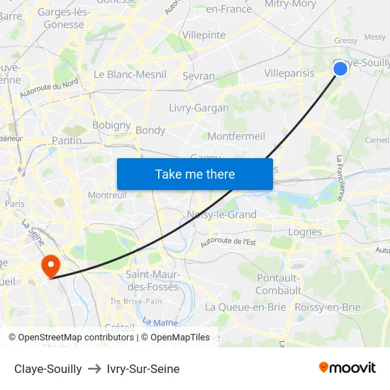 Claye-Souilly to Ivry-Sur-Seine map