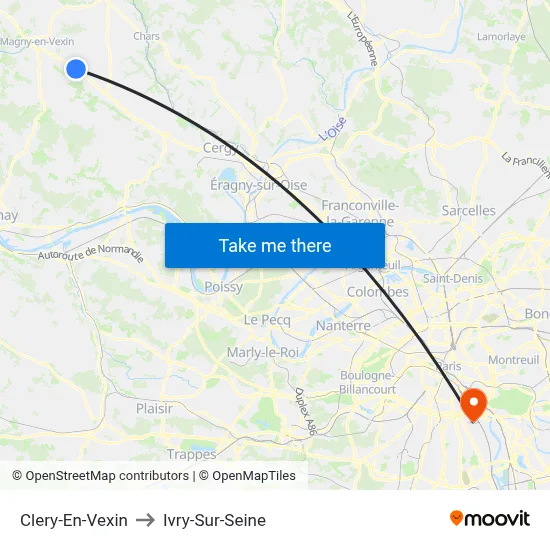 Clery-En-Vexin to Ivry-Sur-Seine map