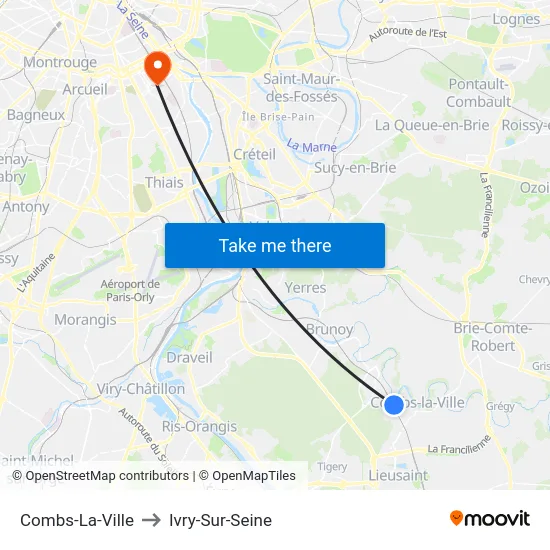 Combs-La-Ville to Ivry-Sur-Seine map