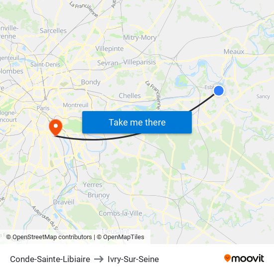 Conde-Sainte-Libiaire to Ivry-Sur-Seine map