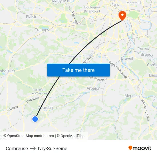 Corbreuse to Ivry-Sur-Seine map