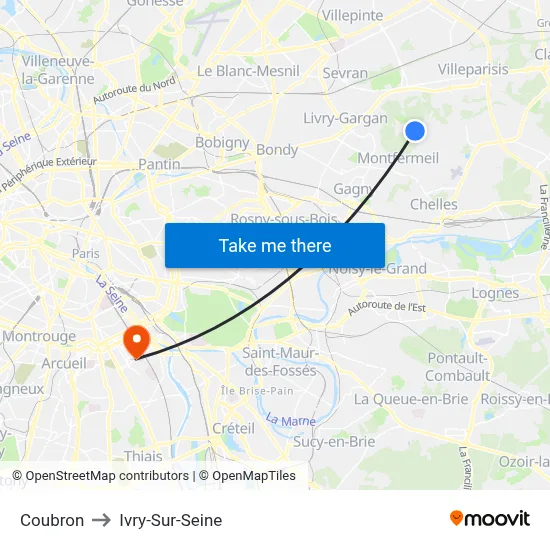 Coubron to Ivry-Sur-Seine map