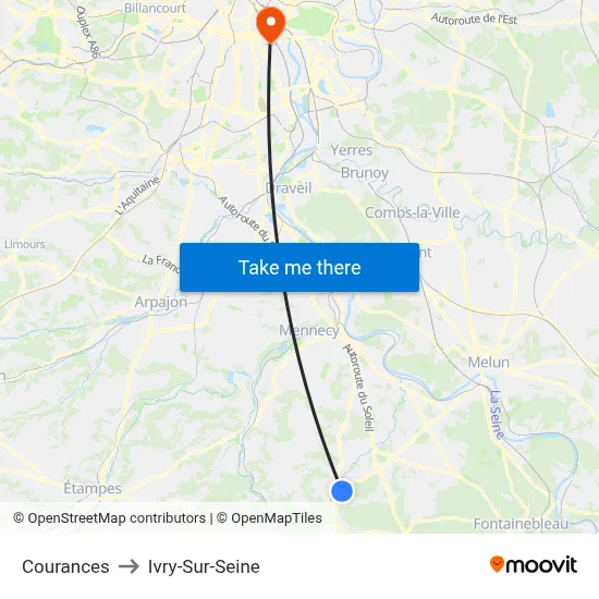 Courances to Ivry-Sur-Seine map