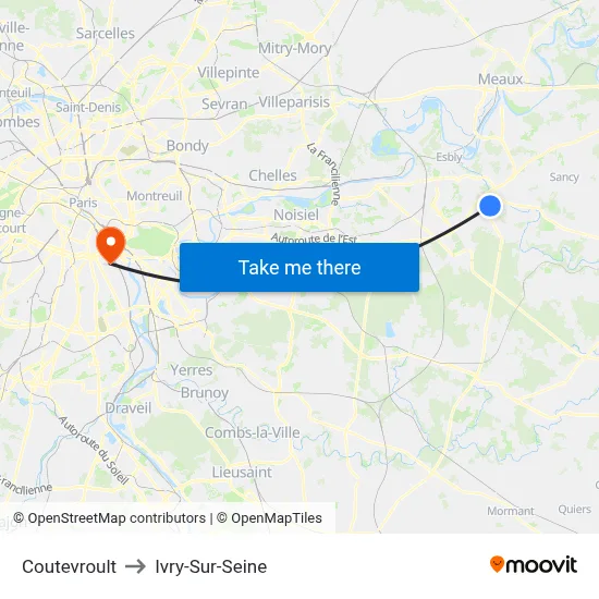 Coutevroult to Ivry-Sur-Seine map