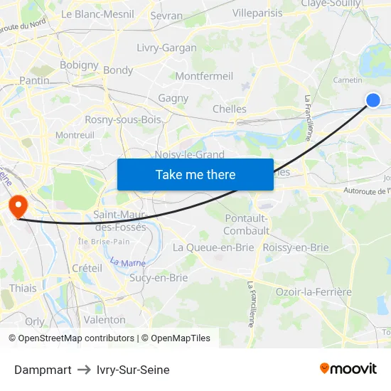 Dampmart to Ivry-Sur-Seine map