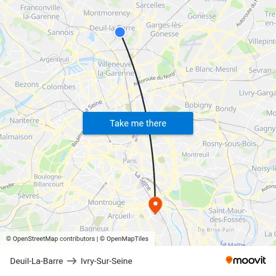Deuil-La-Barre to Ivry-Sur-Seine map