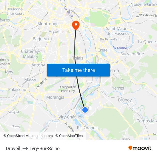 Draveil to Ivry-Sur-Seine map