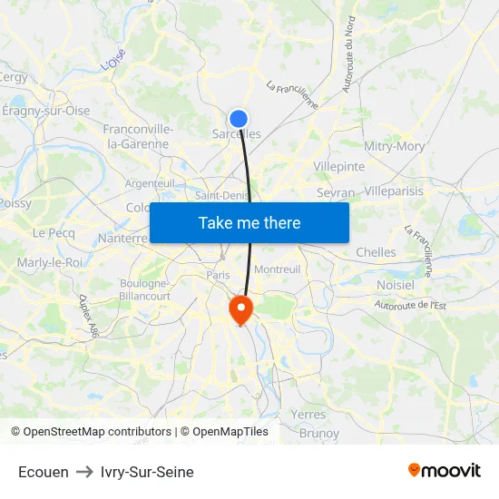 Ecouen to Ivry-Sur-Seine map