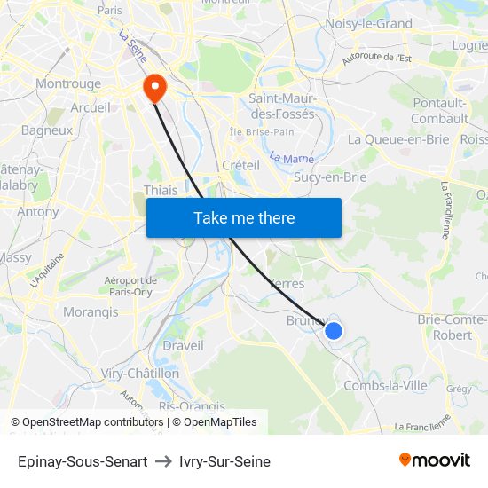 Epinay-Sous-Senart to Ivry-Sur-Seine map