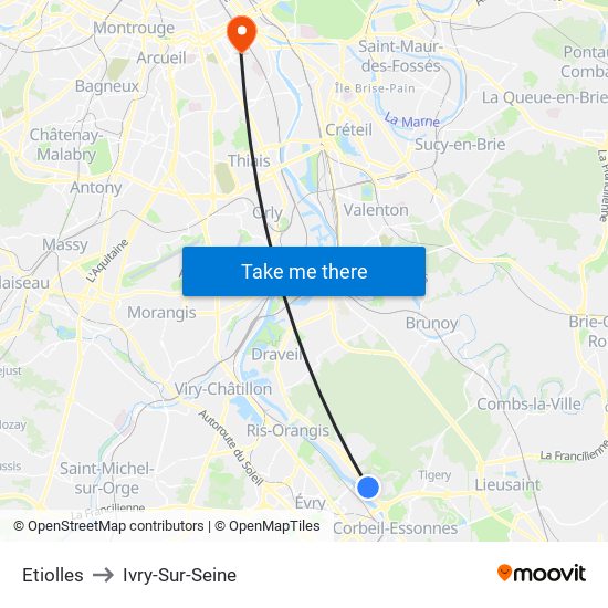 Etiolles to Ivry-Sur-Seine map