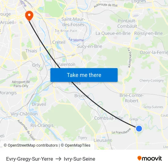 Evry-Gregy-Sur-Yerre to Ivry-Sur-Seine map
