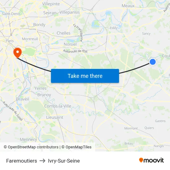 Faremoutiers to Ivry-Sur-Seine map