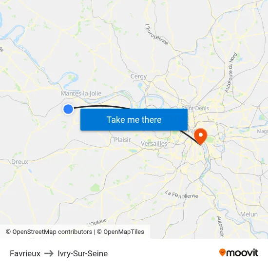 Favrieux to Ivry-Sur-Seine map