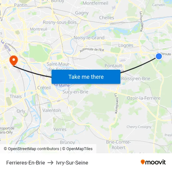 Ferrieres-En-Brie to Ivry-Sur-Seine map