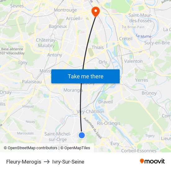 Fleury-Merogis to Ivry-Sur-Seine map