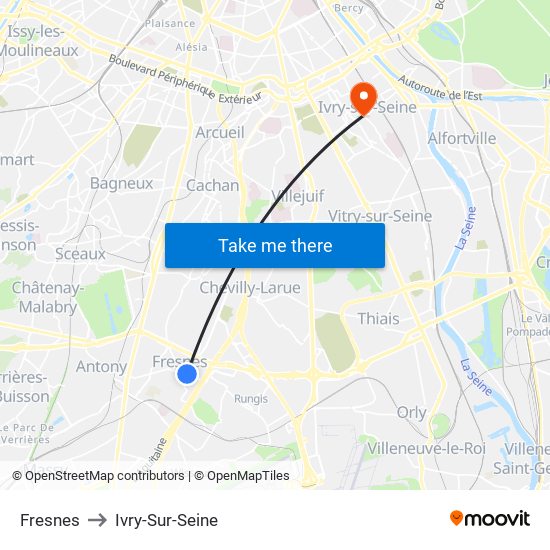 Fresnes to Ivry-Sur-Seine map